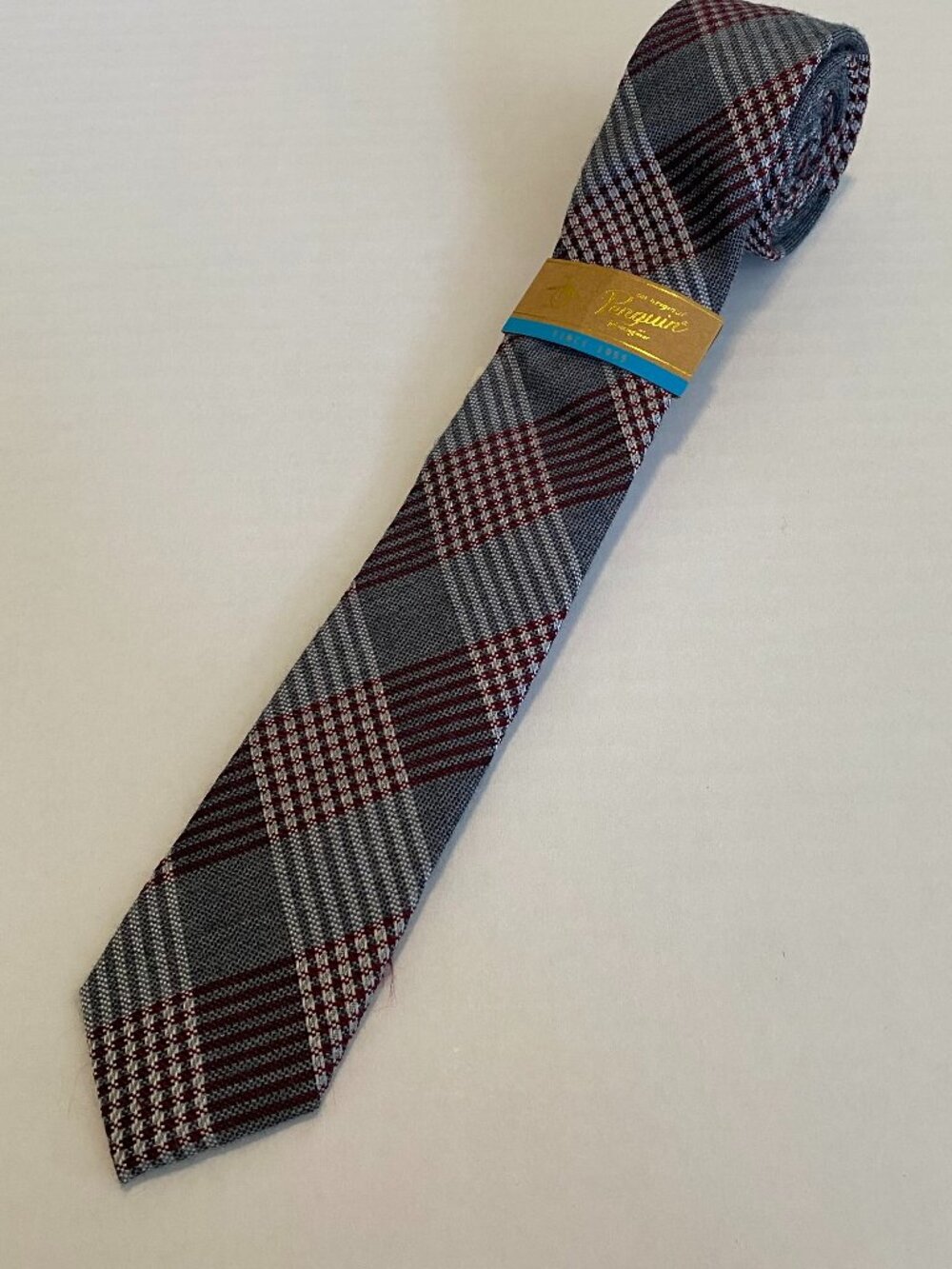 NWT Original Penguin Gray Burgundy Glen Plaid Skinny Silk Blend Tie